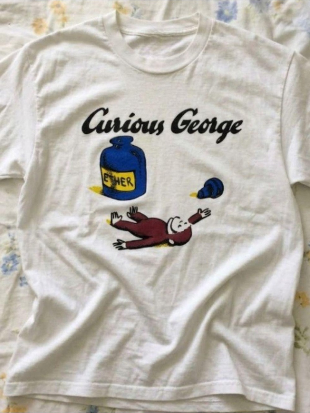 Gildan White Curious George Graphic Tee with Blue and Brown Print